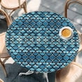 thumbnail image 3 of Teal Gradient Round Fitted Table Cover Abstract Flowers Geometric Texture Waterproof Table Cloth with Elastic Edge Wipeable Tablecloth for Picnic Camping Party Fits 55"-60" Diameter, 3 of 8