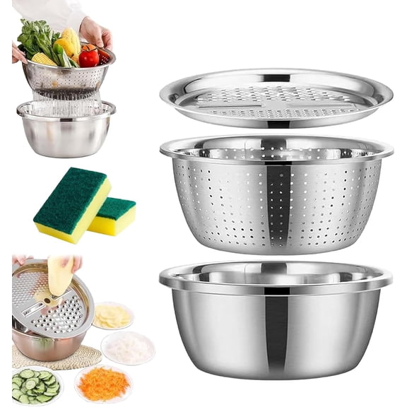 Germany Multifunctional Stainless Steel Basin - 5-in-1 Kitchen Basin Set with Grater, Strainer, Drain Basket, and Slicer for Versatile Food Preparation, Easy to Clean and Store