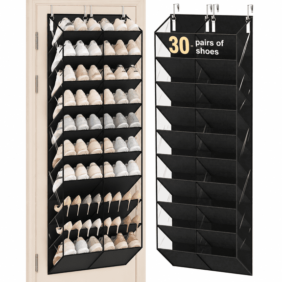 20-30 Pairs Over The Door Shoe Organizer, 10-Tier Hanging Shoe Storage with Clear Pockets, 4 Metal Hooks Heavy Duty Door Shoe Rack, Space Saving Shoe Holder for Closet, Bedroom, Dorm, Black