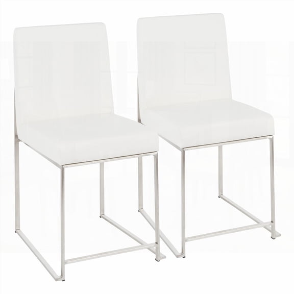 Modern Stainless Steel and White Faux Leather High Back Dining Chairs - 2-Pack (Fixed Height)