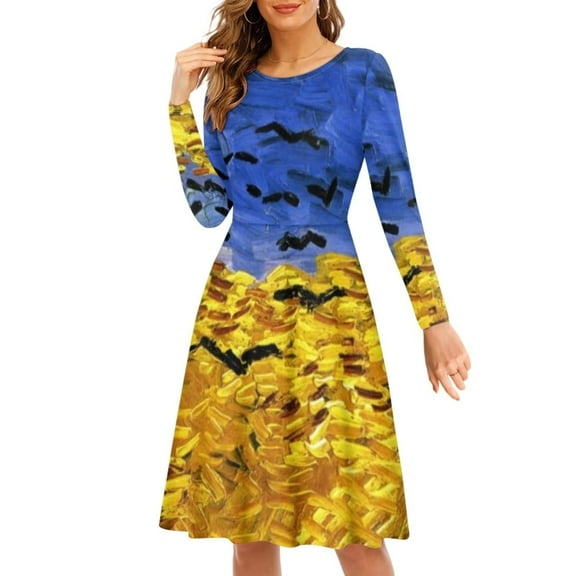 FKELYI Size L Women Dress Long Sleeve Casual Vincent Van Gogh Wheat Field with Crows Swing Twirl Skater Dress Comfy Women's Wear to Work Dresses