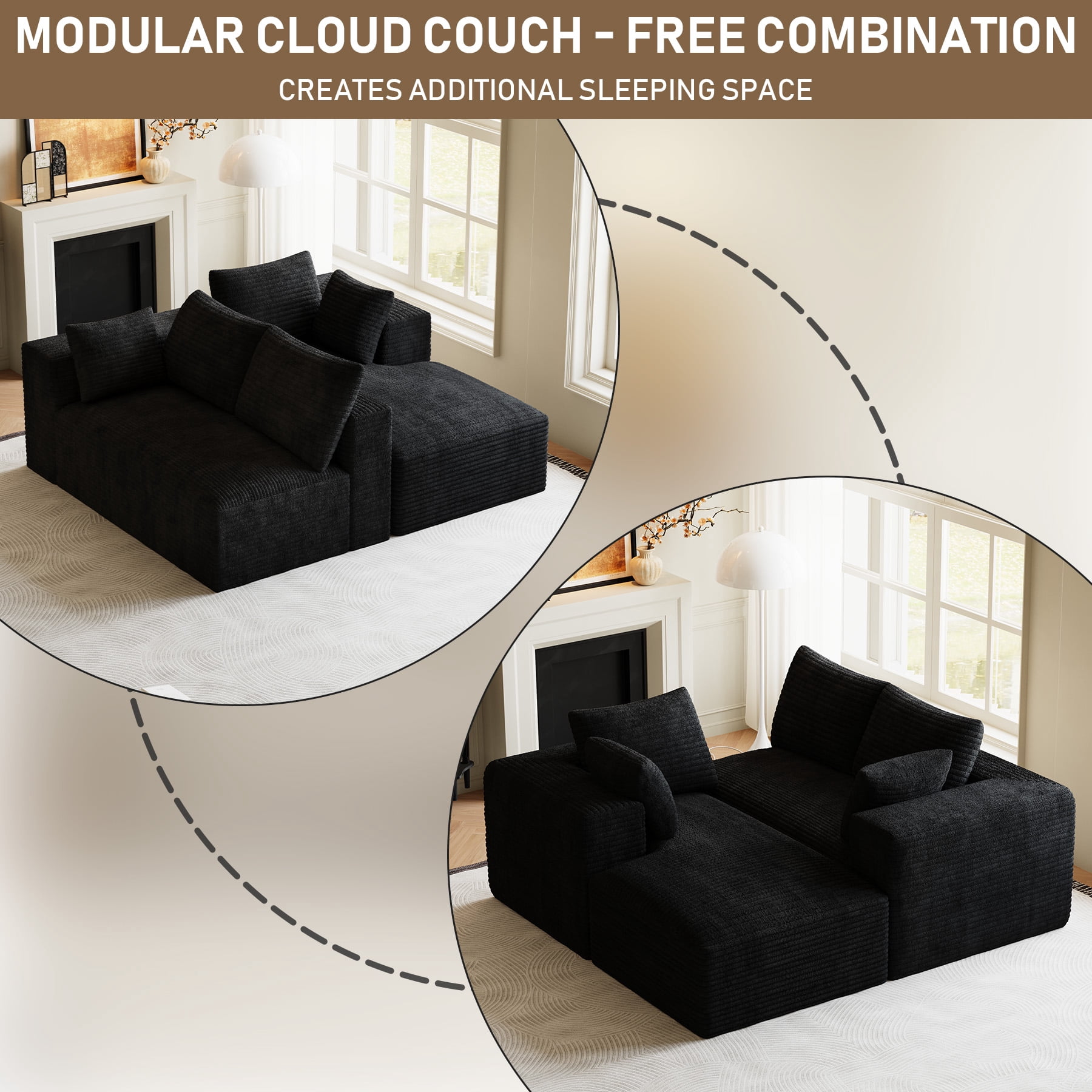 Wiilayok 107" Cloud Sectional Couch with L-Shape Chaise,Modern Modular Sofa with Deep Seat, Comfy Boneless Upholstered Couches for Living Room Bedroom,Black