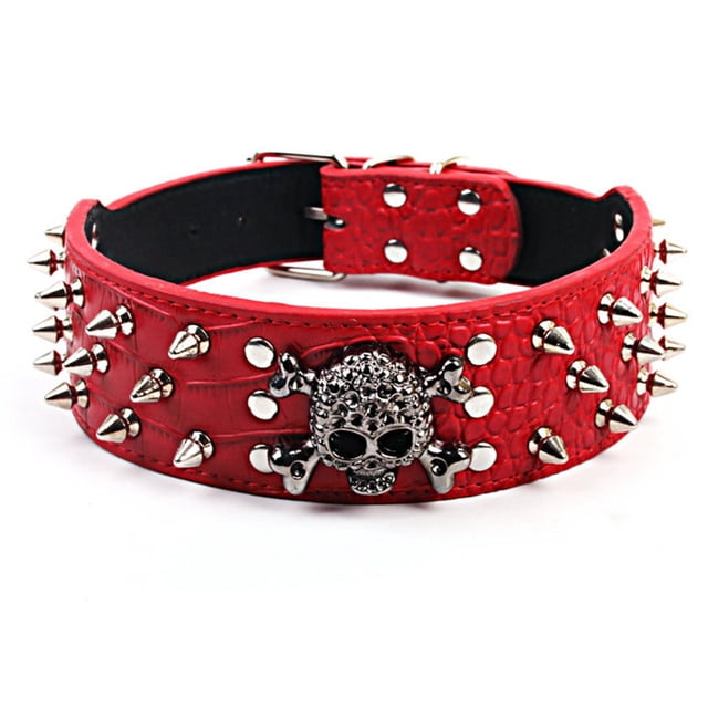 Skull and Crossbones Collar de perro con pinchos de piel sintética de aligátor negro, ajustable MFZFUKR CPB-US-YY739-2
