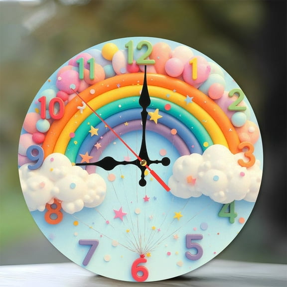 Rainbow Clock Cartoon Wall Clock Cute Decor 10-Inch Silent Wooden Wall Clock, Battery Operated (AA Batteries Not Included), Artistic Home Decor