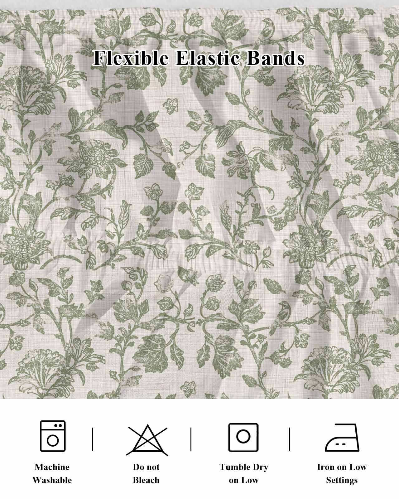 Farmhouse Sage Green Bed Skirt Queen Size, Vintage Flower Leaf Botanical Wrap Around Bed Skirting with Adjustable Elastic Strap, Dust Ruffle Pleated Bedskirts 16 Inch Drop for Bedroom Queen Beds