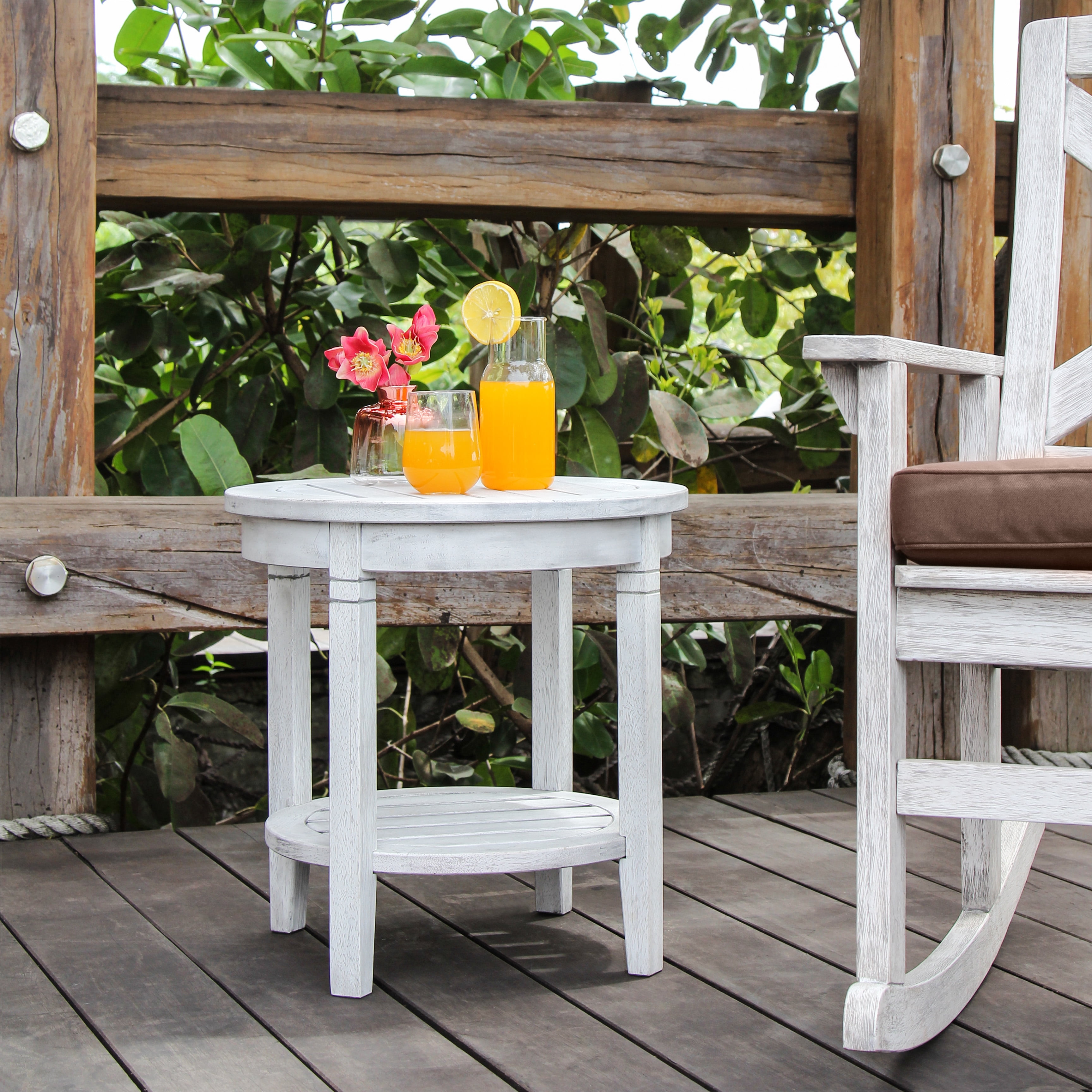 Alston Solid Wood Round Patio Side Table White Wash Finish