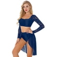 thumbnail image 2 of Alvivi Women Contemporary Lyrical Dance Dress Floral Lace Long Sleeve Crop Top and High Low Skirts Dark_Blue L, 2 of 7