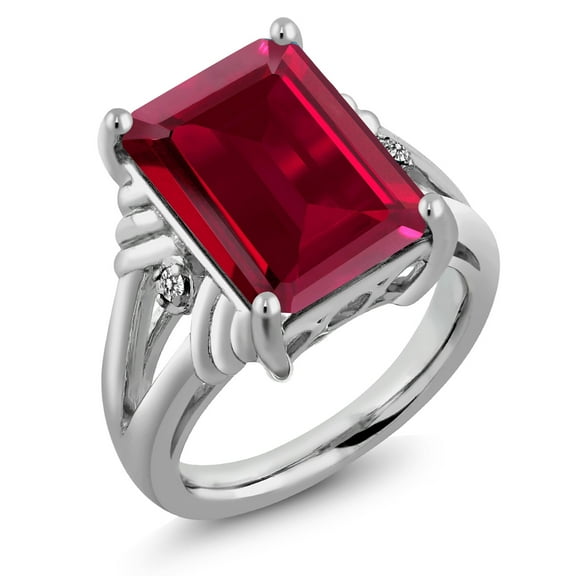 Gem Stone King 8.03 Cttw Red Created Ruby and White Diamond Engagement Ring for Women | 925 Sterling Silver | Gemstone July Birthstone | Emerald Cut 14X10MM (Size 9)