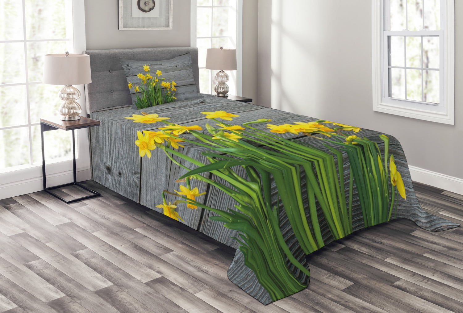 Yellow Flower Bedspread Set, Bouquet of Daffodils on Wood Planks