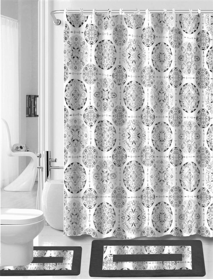 Queen Shower Curtain Set Thick Bathroom Rugs Bath Mat Non-Slip Toilet Lid Cover 