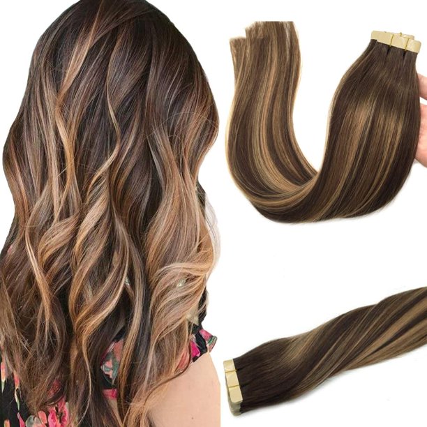 Goo Goo Extensiones De Cabello Con Cinta De Cabello Humano 4/27/4 Balayage Marrón Chocolate A Rubio Caramelo 16 Pulgadas 1.76 Oz 20 Piezas De Extremos Gruesos Cinta Recta Sin Costuras En Extensiones D