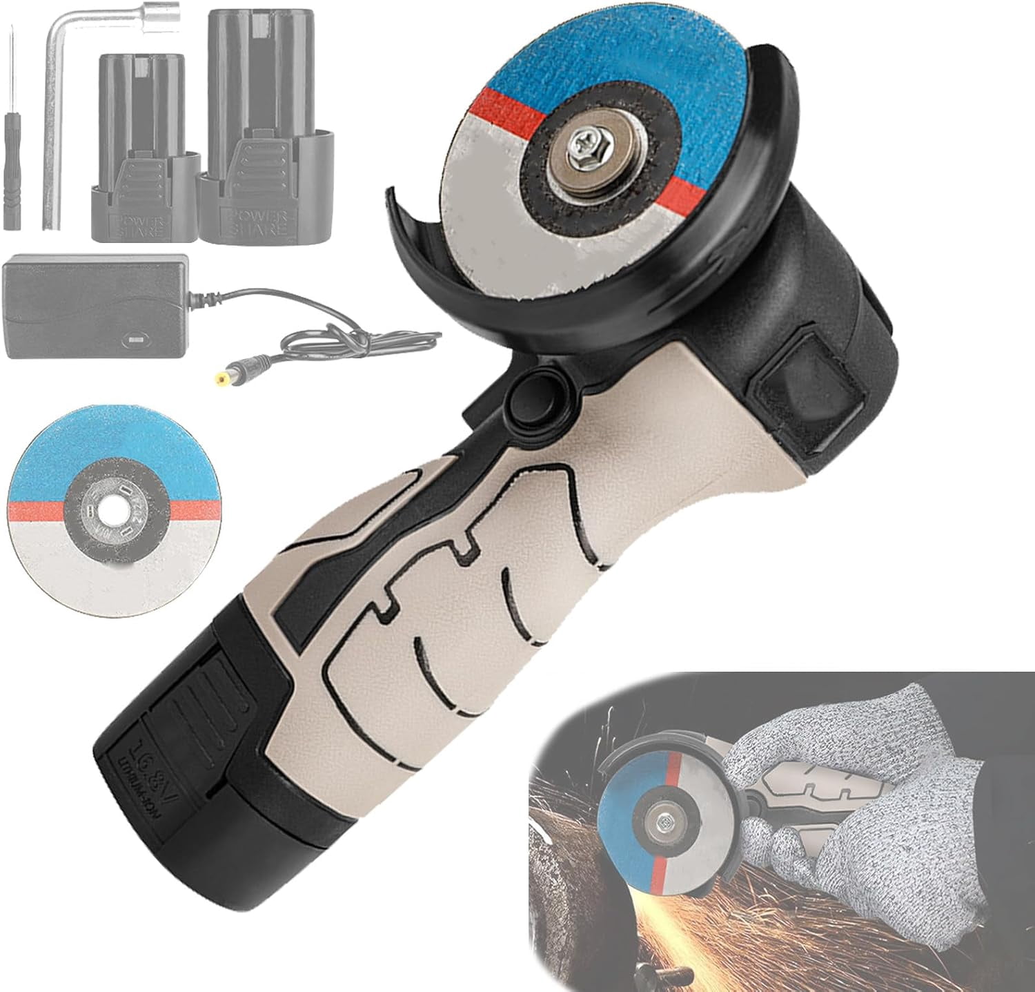 16.8V Mini Angle Grinder Kit,19600rpm Brushed Electric Angle Grinder,Portable Grinder with 4X1500mAh Battery,1 Cutting Disc,Grinder Handheld Cutting Machine,2batteries