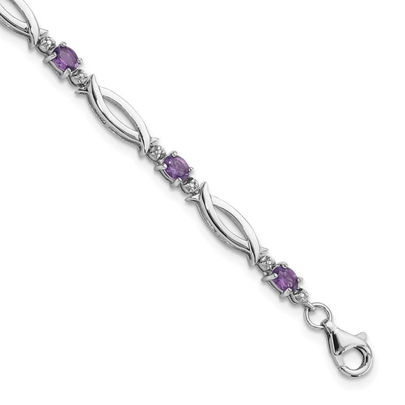 Diamond2Deal 925 Sterling Silver Rh-plated Amethyst and Diamond 7.25inch Bracelet for Women