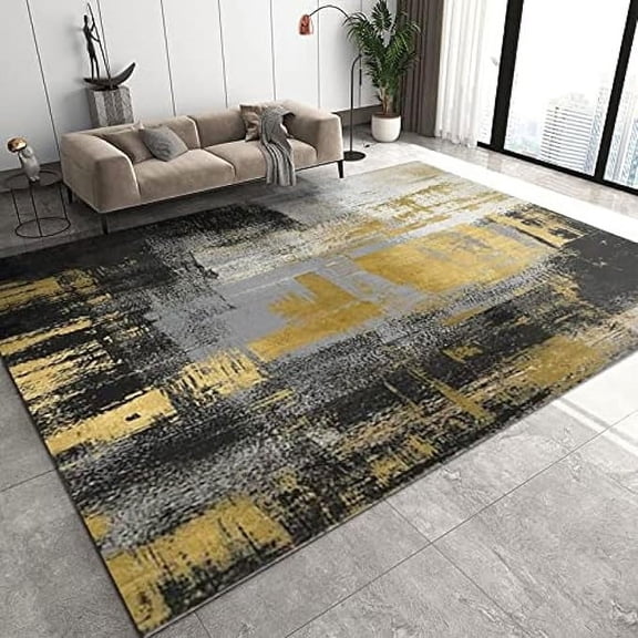 Luxury Black Gray Gold Area Rug, Abstract Oil Painting Texture Art Bedroom Rugs, With Anti-Slip Backing Washable Indoor Carpet For Living Room Bedroom Study Dining Room 4 x 6ft