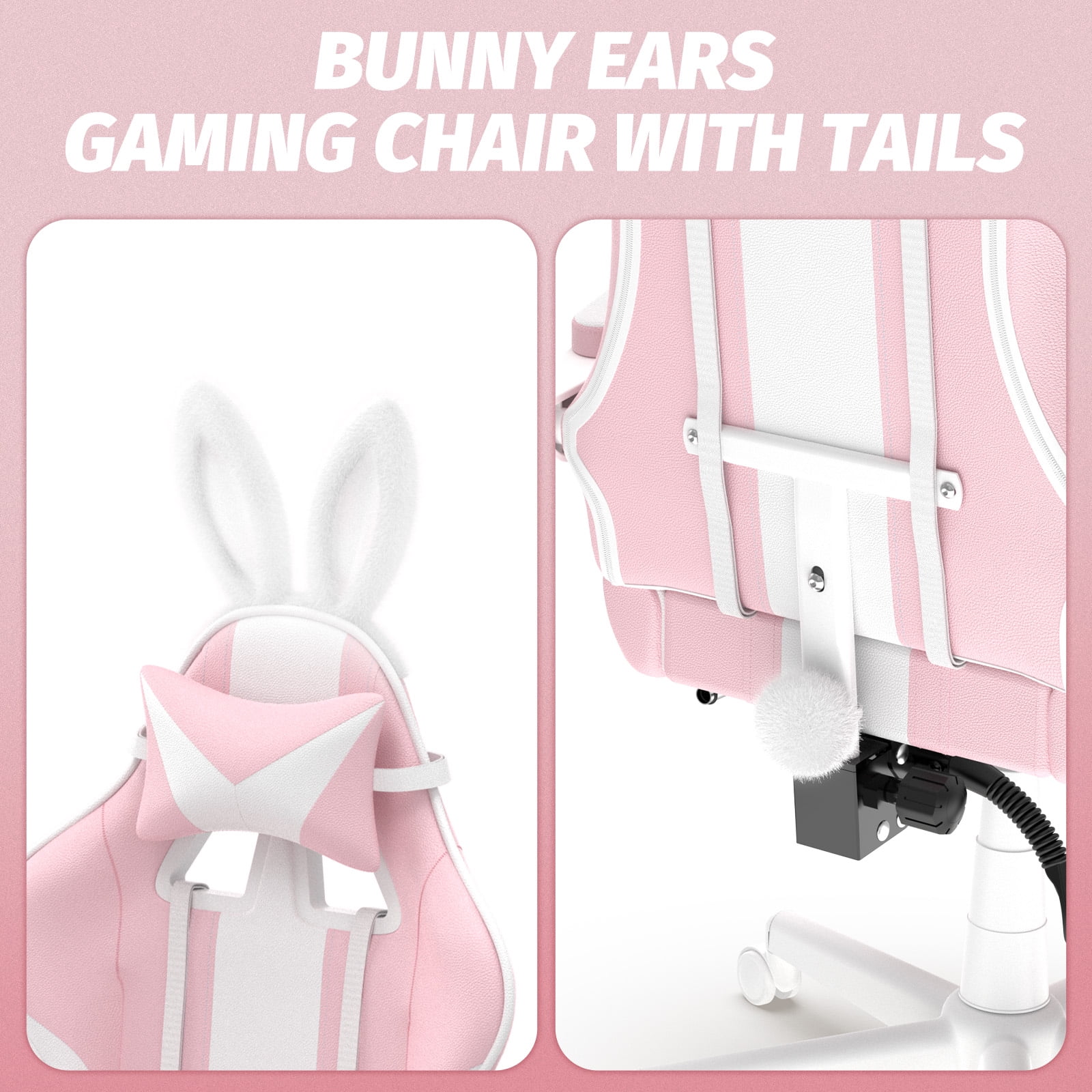 Luxvie Pink Gaming Chair with Footrest High Back Ergonomic Office Gamer Chair with Massage and Headrest Lumbar Support Swivel Computer Game Chair Cute Bunny Ears for Adults