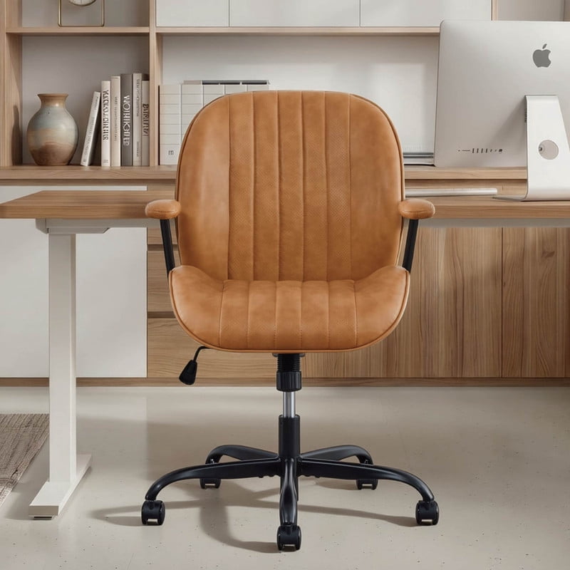 Spruce & Spring Faux Leather Office Chair with Swivel Base, Ergonomic High-Back Design, Breathable PU/Polyester Blend, Saddle Brown