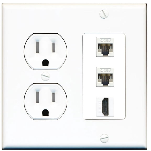 Ultra Spec Cables 2 Port Cat5e Ethernet HDMI Wall Plate w/Tamper Resistant Power Outlet
