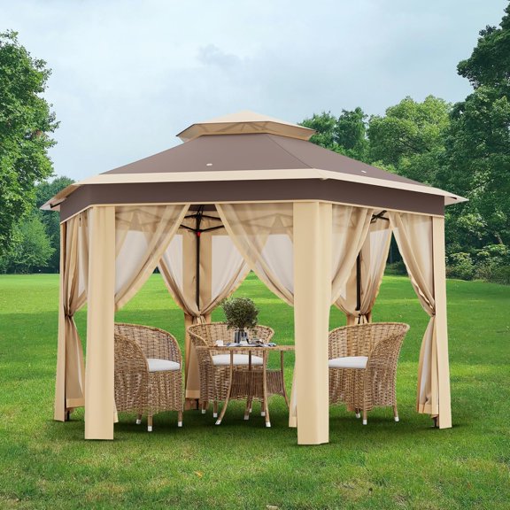 COZONY Hexagonal Pop-Up Gazebo with Mosquito Net & Vented Roof, Adjustable Height Sun Shelter for Patio, Garden, Backyard, Khaki