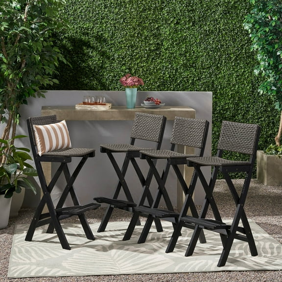 Elizabeth Outdoor Folding Acacia Wood Barstools (Set of 4), Dark Gray and Brown