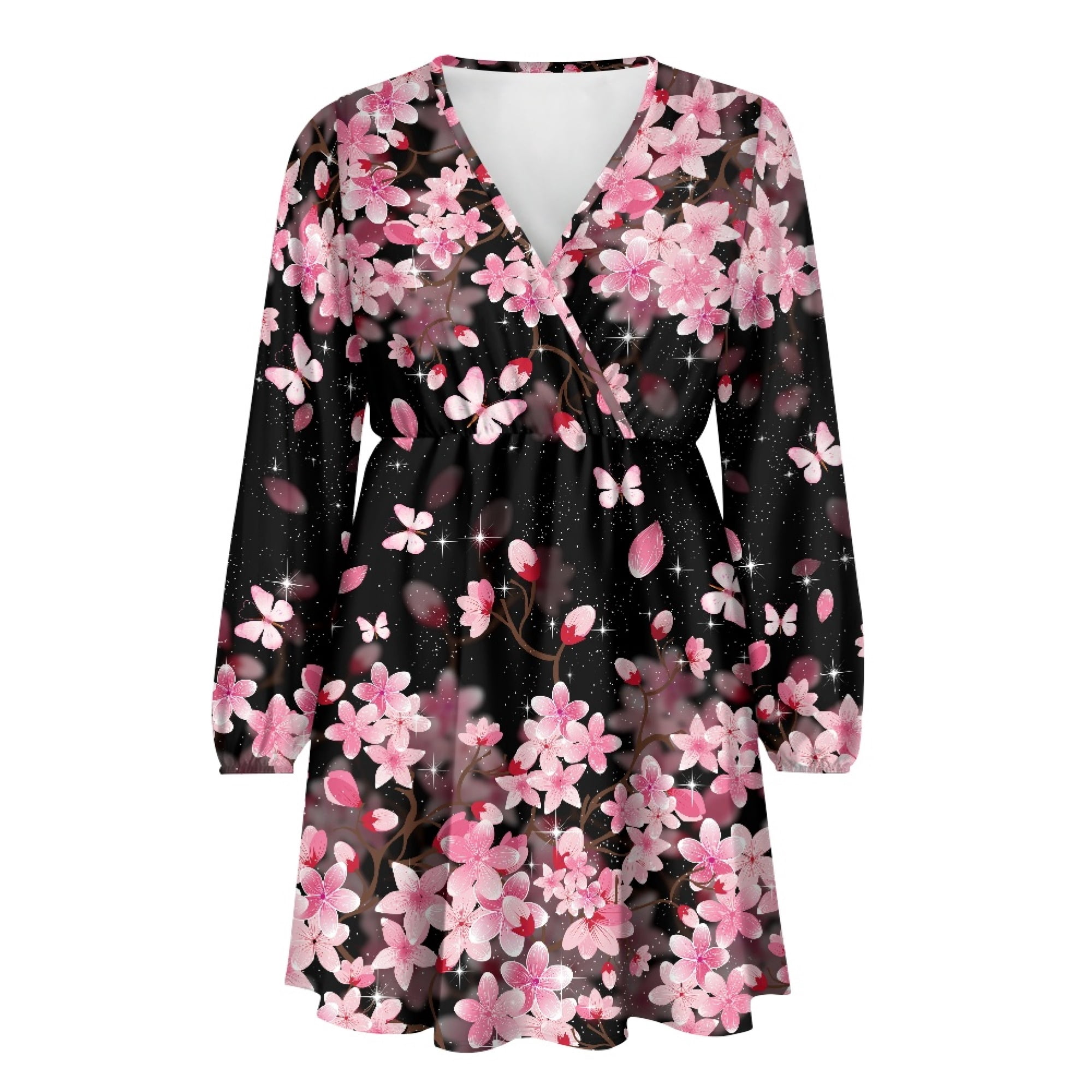 Yuyamidu Cherry Blossom Long Sleeve Dress Size L Fashion Women Knee Length Pleated Midi Dress A-Line Casual Dress Pink Fall Winter Outdoor Dress for Teen Gilrs