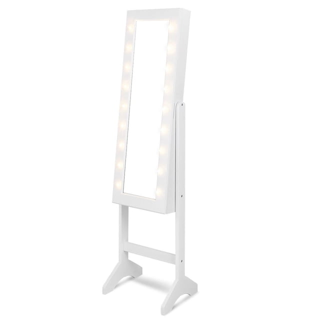 Giantex Jewelry Cabinet Box Armoire Organizer with 18 LED, Standing for Home Bedroom 16 Lipstick Holder 1 Inside Makeup Mirror Full Lights, Large Storage Mirrored Cabinets Jewelry Armoires (White)