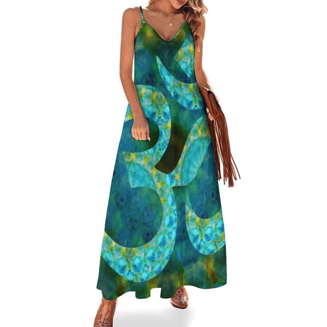 Hermoso vestido azul verde y aguamarina Om 5 - Vestido elegante sin mangas de Sharon Cummings Vestido de noche para mujer