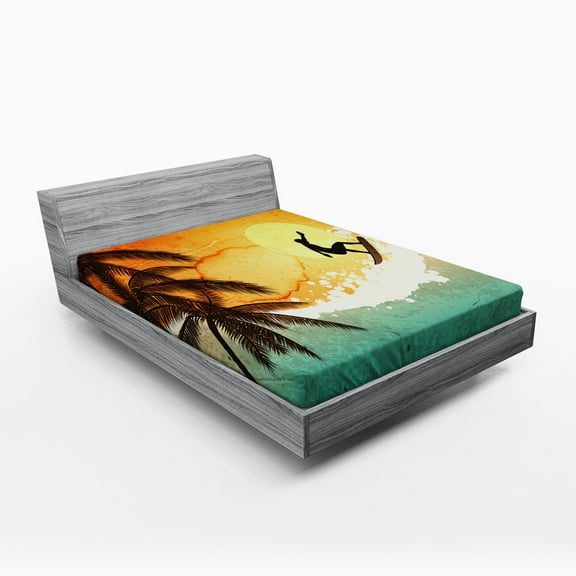 Ambesonne Grunge Fitted Sheet, Surfer Sea Palms Sunset, Full Size, Orange Turquoise Black