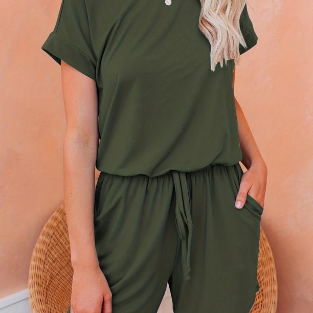Mono De Cintura Con Cordón, Mono De Manga Corta Casual, Ropa De Mujer