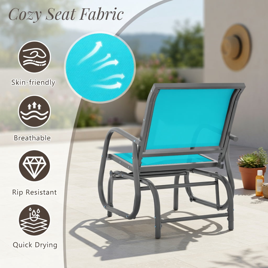 Hommoo Outdoor Single Swing Glider Rocking Chair, Steel Frame with Breathable Fabric, Patio & Backyard Relaxation Seating, Turquoise