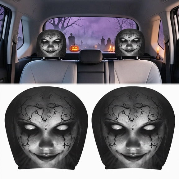 Halloween Pale Ghost Specter Car Interior Decoration, 2‑Pack Eerie Pale Female Ghost Face Slip‑on Headrest Covers, Universal Vehicle Seat Head Rest Protector for Haunted‑Car Theme Styling