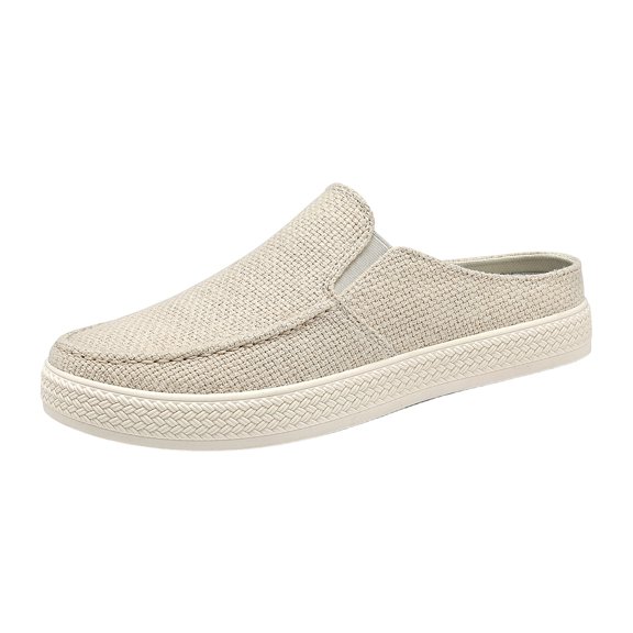 Domuza Mens Breathable Knit Slip-On Shoes Lightweight Casual Loafers Comfortable Non-Slip Walking Shoes Round Toe Soft Soles Open Back Shoes for Daily Work & Travel Beige 8 (EU-41)