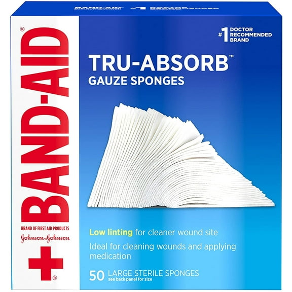Band Aid First Aid Products Tru-Absorb Sterile Gauze Sponges for Cleaning and Cushioning Minor Wounds, Cuts & Burns, Low-Lint Design, Individually Wrapped 4 in 4 in Pads RC:R[45]C