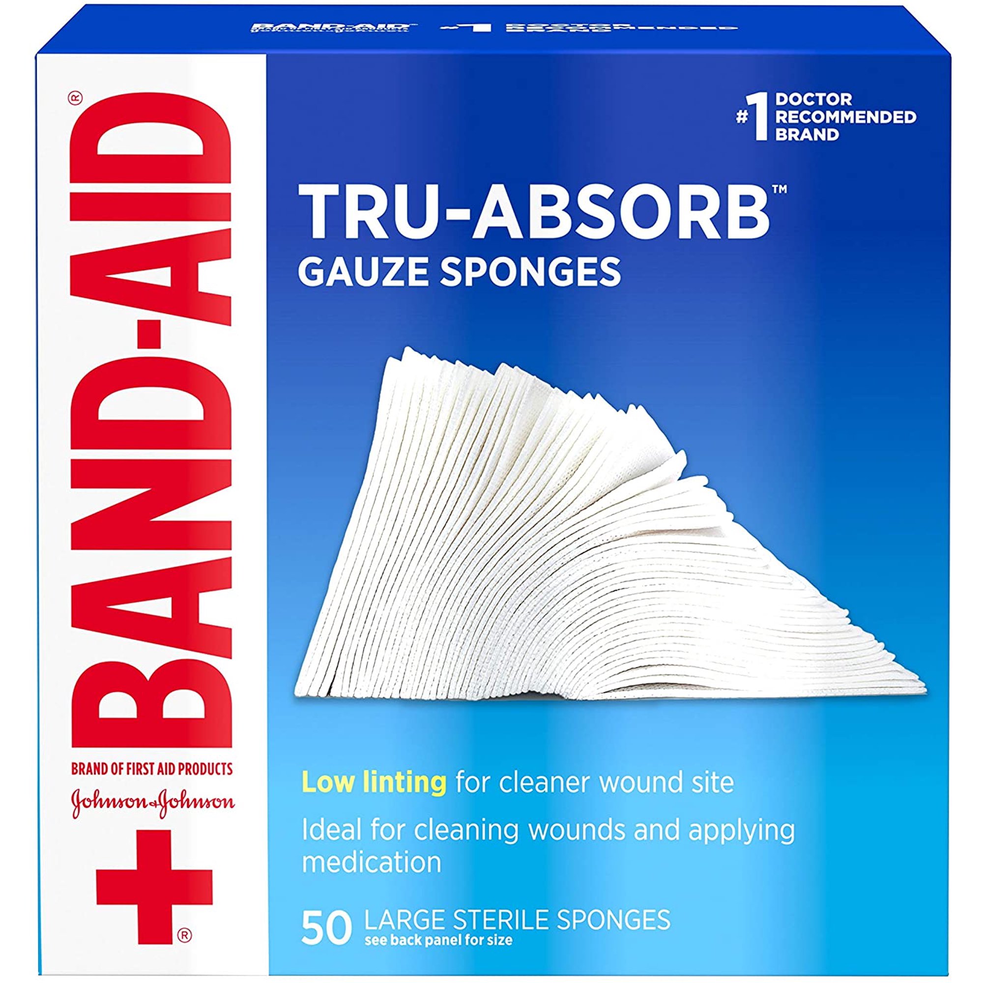 Band Aid First Aid Products Tru-Absorb Sterile Gauze Sponges for Cleaning and Cushioning Minor Wounds, Cuts & Burns, Low-Lint Design, Individually Wrapped 4 in 4 in Pads+RC:R[45]C