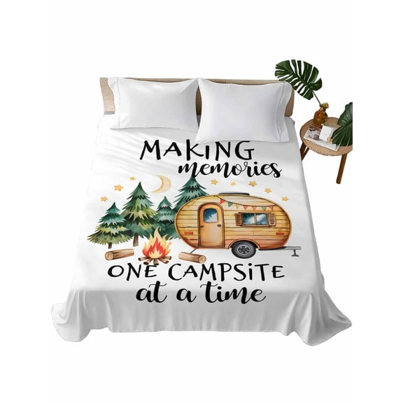Camping Flat Sheets Only Twin XL Size, Soft Breathable Bed Top Sheets for Mattress, Fall Summer Nature Forest Car Tree Moon Luxury Bedding Flat Sheets for Home Hotel Bedroom Bed Protection
