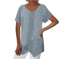 thumbnail image 2 of Mceream Women's Linen Shirt Short Sleeve V Neck Irregular Hem Top Oversized Loose Fit Summer Cute Tees Outfits Blouse Plus Size Gray M, 2 of 6