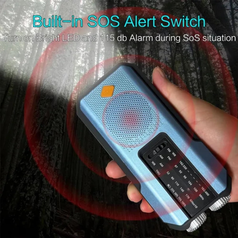 Emergency Multi-Function Weather Radio - FM/AM/WB Radio with Hand Crank, Solar Charging and USB Power Bank - 2000mAh Battery Capacity - Includes LED Flashlight and Portable Power Bank