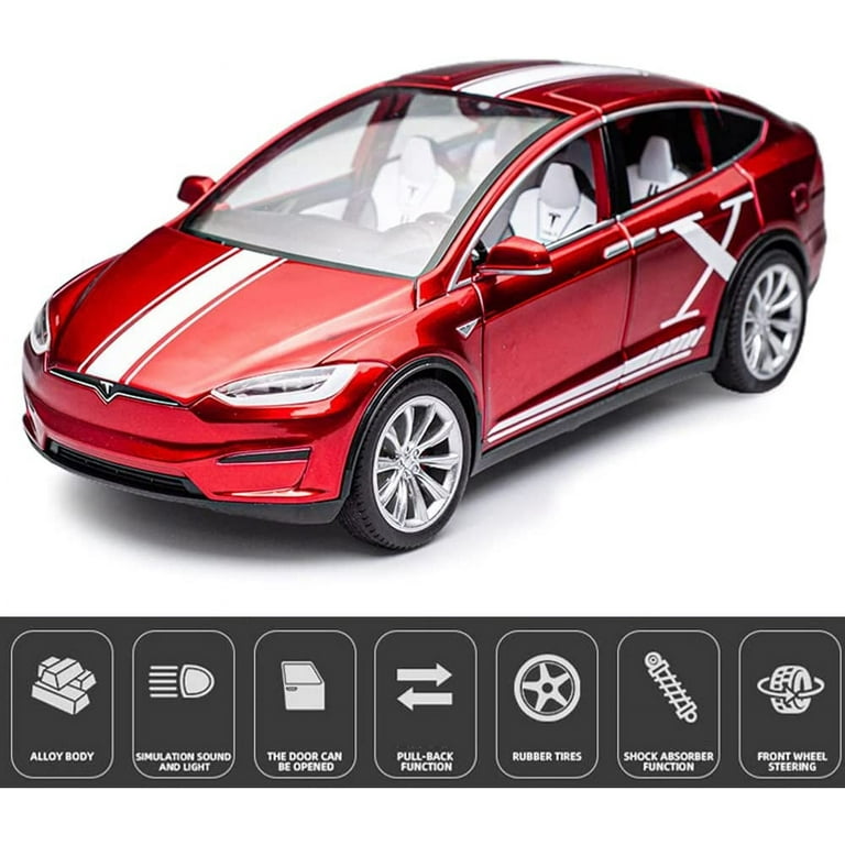 EROCK 1 24 Scale Tesla Model X Alloy Car Model Diecast Toy Vehicles for Kids Tesla car Model Pull Back Alloy Car with Lights and Music Children s