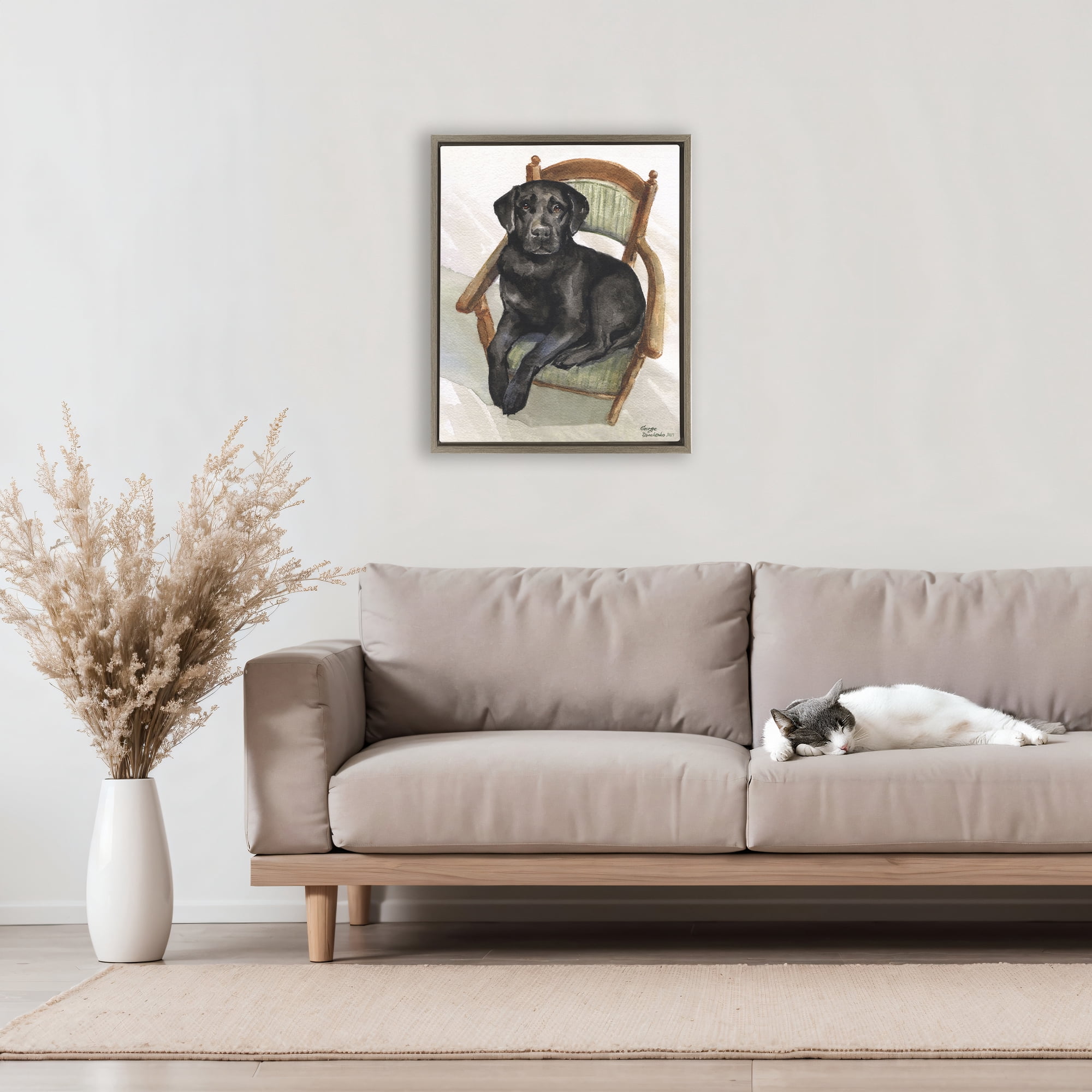 Stupell Industries Black Labrador On Chair Brown Framed Floater Canvas Wall Art, design by George Dyachenko