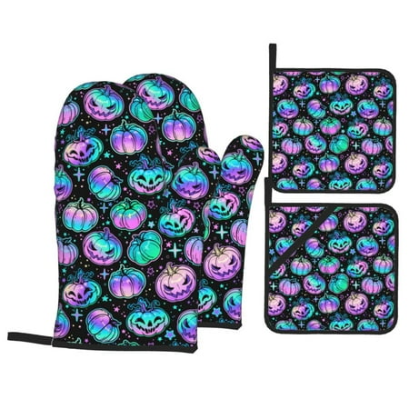 

Oven Mitts and Pot Holders 4 Piece halloween pumpkin colorful pink High Heat Slip Resistant Oven Mitt and Trivets Set Kitchen Oven Glove Pot Holders for Cooking Baking Grilling