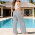 thumbnail image 4 of Girls Linen Pants Wide Leg School Uniform Pants Cozy Elastic Waist Summer Casual Beach Lounge Trousers with Pockets, 4 of 4