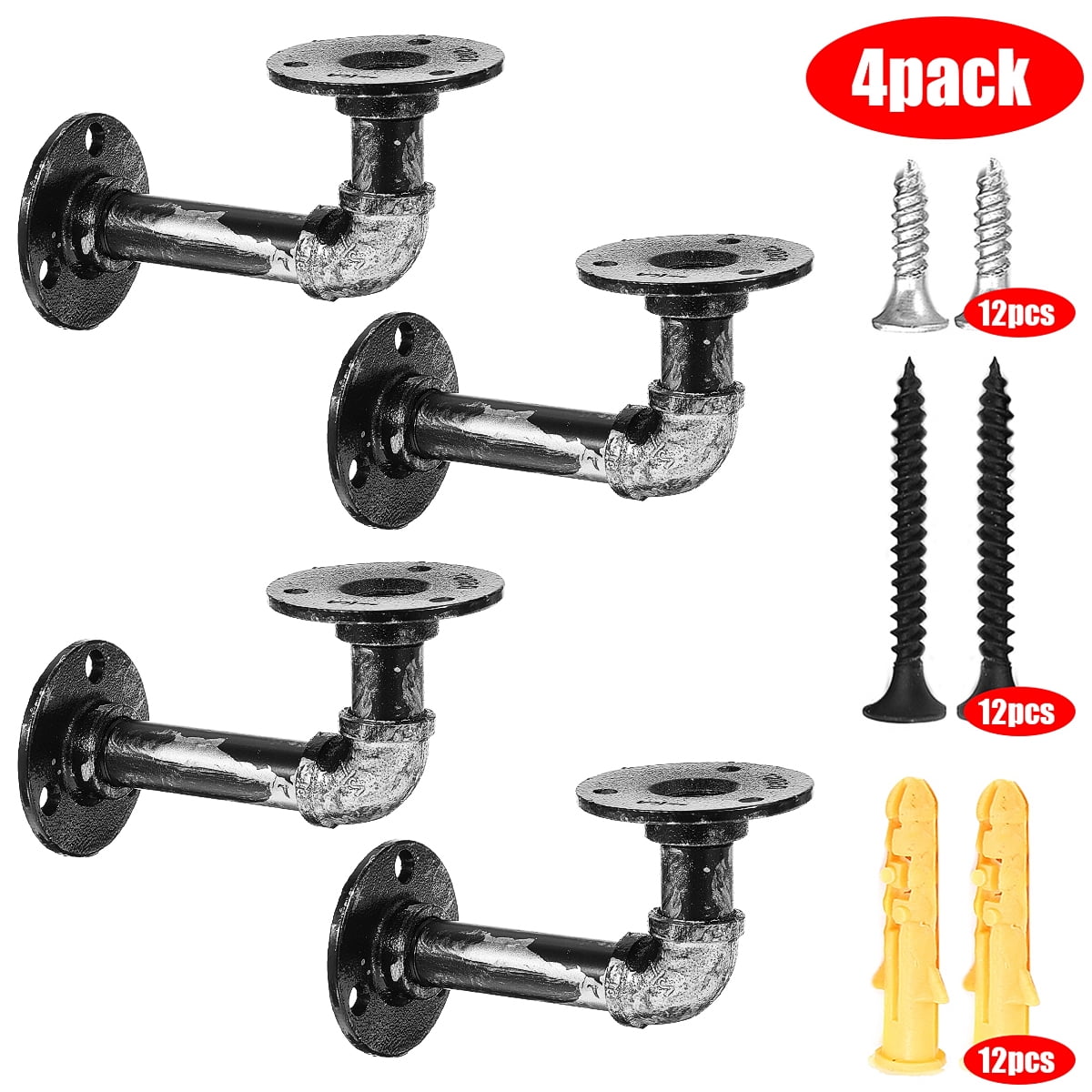 4pcs Industrial Black Iron Pipe Shelf Bracket Wall Mounted Floating Shelf Honder 