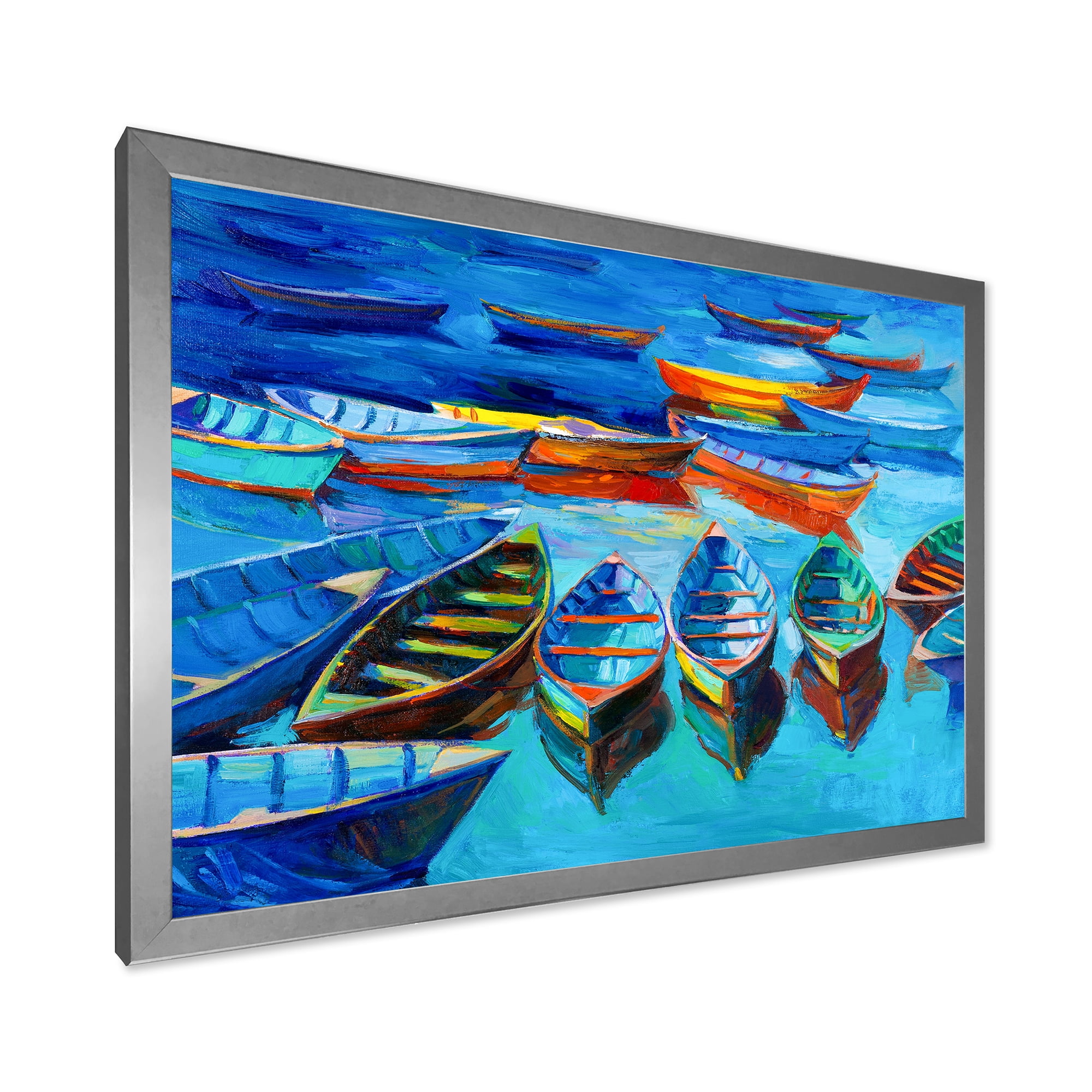 Designart 'Little Boats Wating In The Blue Harbour' Nautical & Coastal Framed Art Print