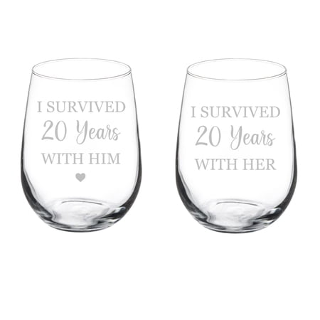 Set of 2 Wine Glass Goblet Gift I Survived 20 Years 20th Anniversary (17 oz Stemless)