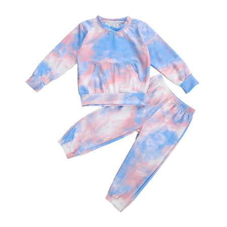 

One opening Tie-dye Children Wear Set Toddler Girls Long Sleeve T-shirt with Large Pocket+ Elastic Waist Trousers