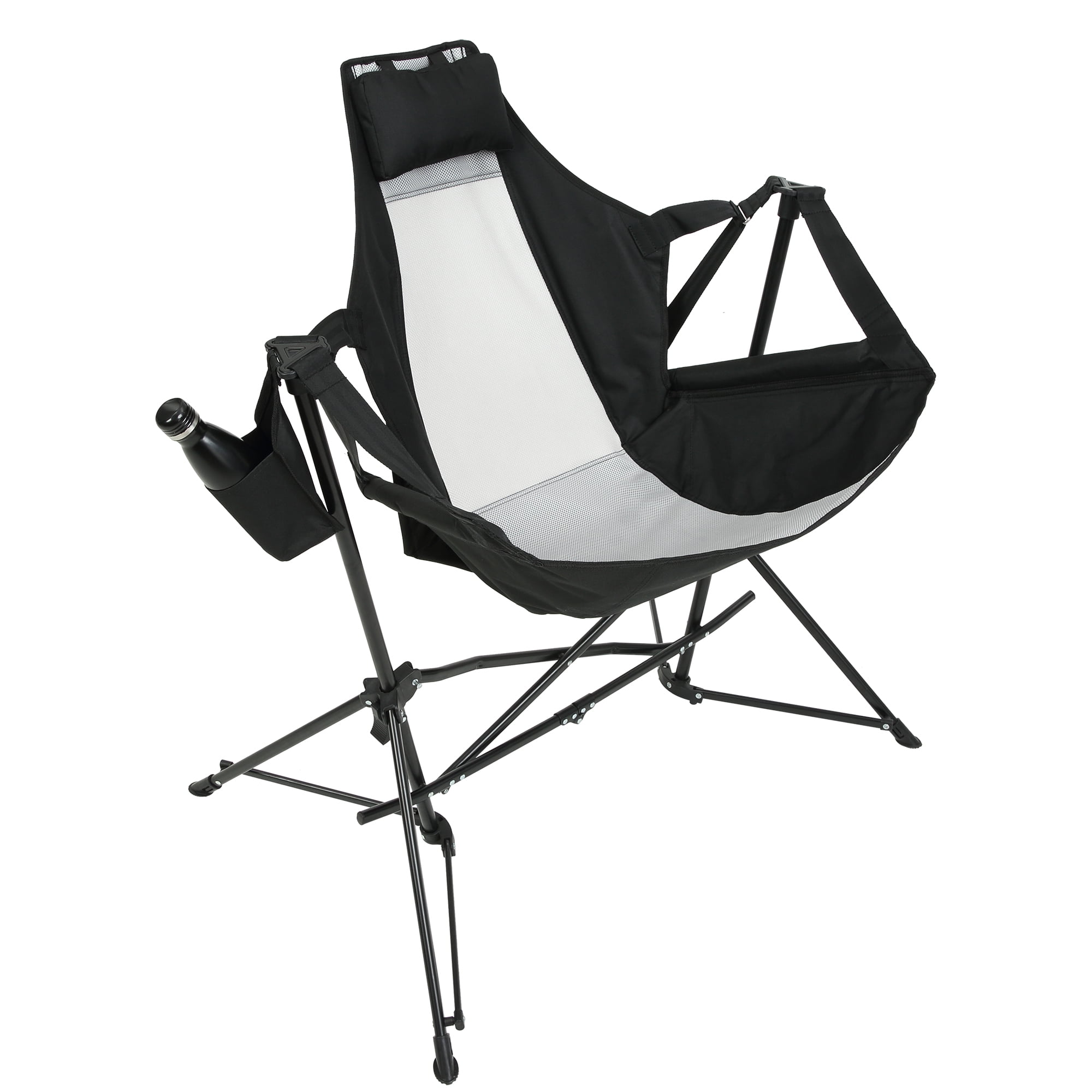 Hammock Camping Chair, Folding Portable Rocking Chair, Aluminum Alloy Adjustable Back Swinging Chair with Pillow Cup Holder, Recliner with Carry Bag for Outdoor Travel Lawn Backyard, Black (2pcs)