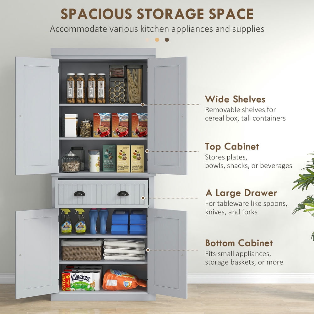 GVN Kitchen Pantry,72" Kitchen Pantry Cabinet, Freestanding Tall Storage Cabinet, Traditional Kitchen Cabinet, Gray