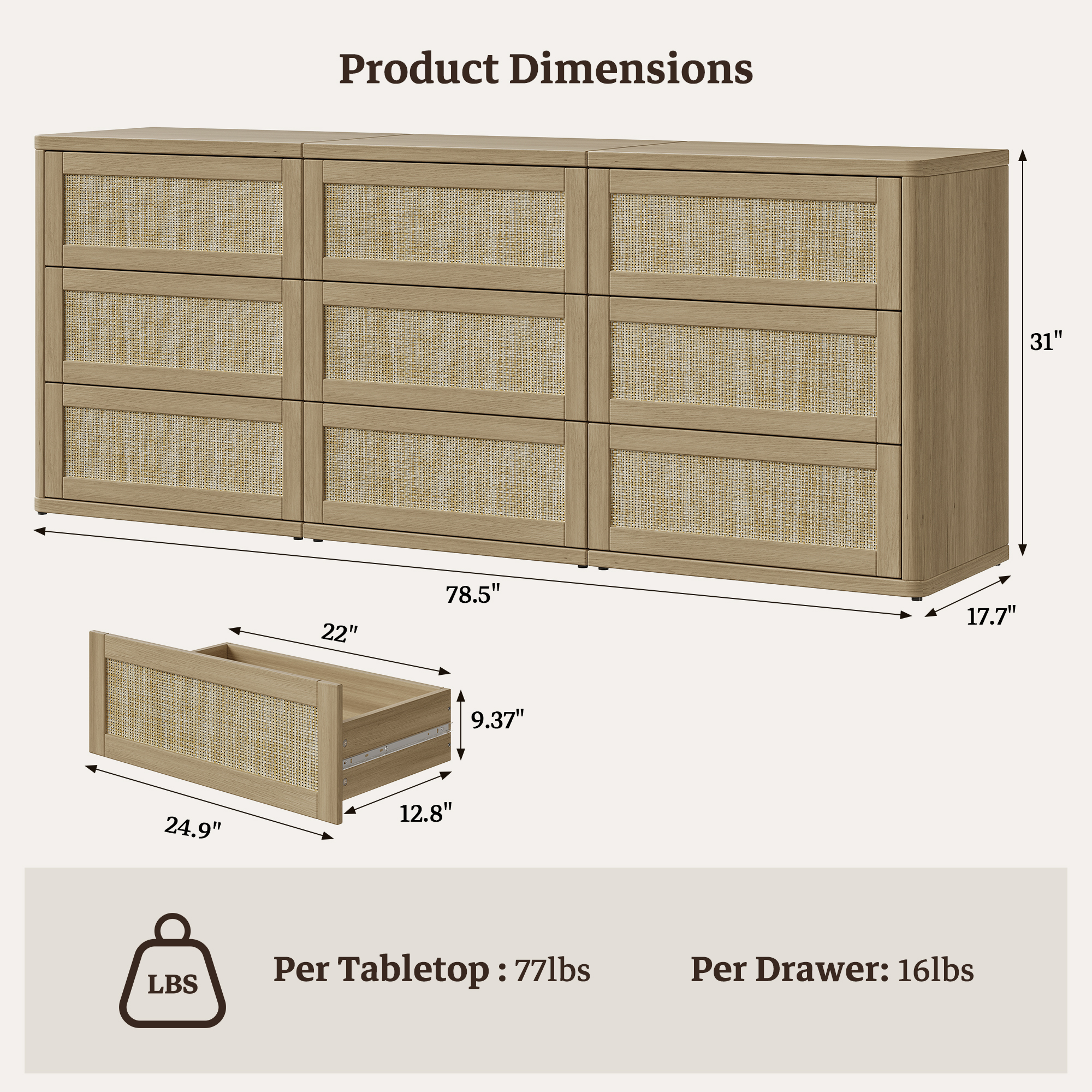 SICOTAS 103.4" Wide 12 Drawer Modular Rattan Dresser,Extra Long Dresser with Rattan Chric & Pop-up Drawers for Bedroom Living Room, Amber Oak