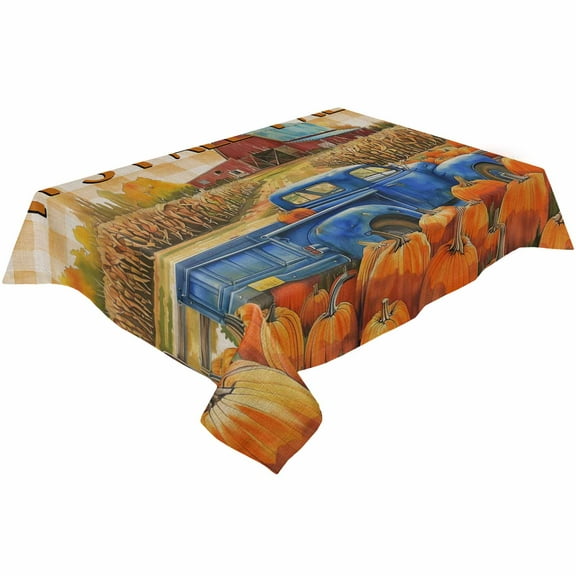 Farmhouse Fall Pumpkin Rectangle Tablecloths 54x109,Blue Truck Retro Wheat Orange Plaid Table Cloth Table Cover Indoor/Outdoor Tabletop Decor for Wedding Holiday Party Dinner Baby Shower