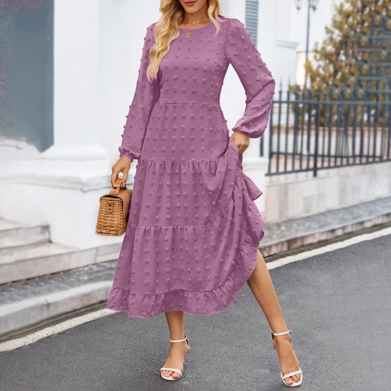 sunyuannn Women's Fall Long Sleeve Maxi Dresses 2024 Casual Crew Neck Dot Tiered Flowy A Line Wedding Guest Maxi Dress plus Size Formal Long Sleeve
