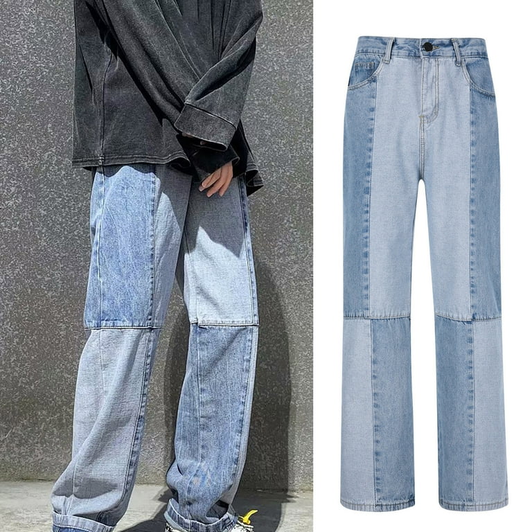 Trendy High Street Mens Jeans Pants Fashion Designer Blue Hole Washed  Casual Fit Straight Leg Pant Youth Rivet Print Patch Black Jean Embroidery  Boys